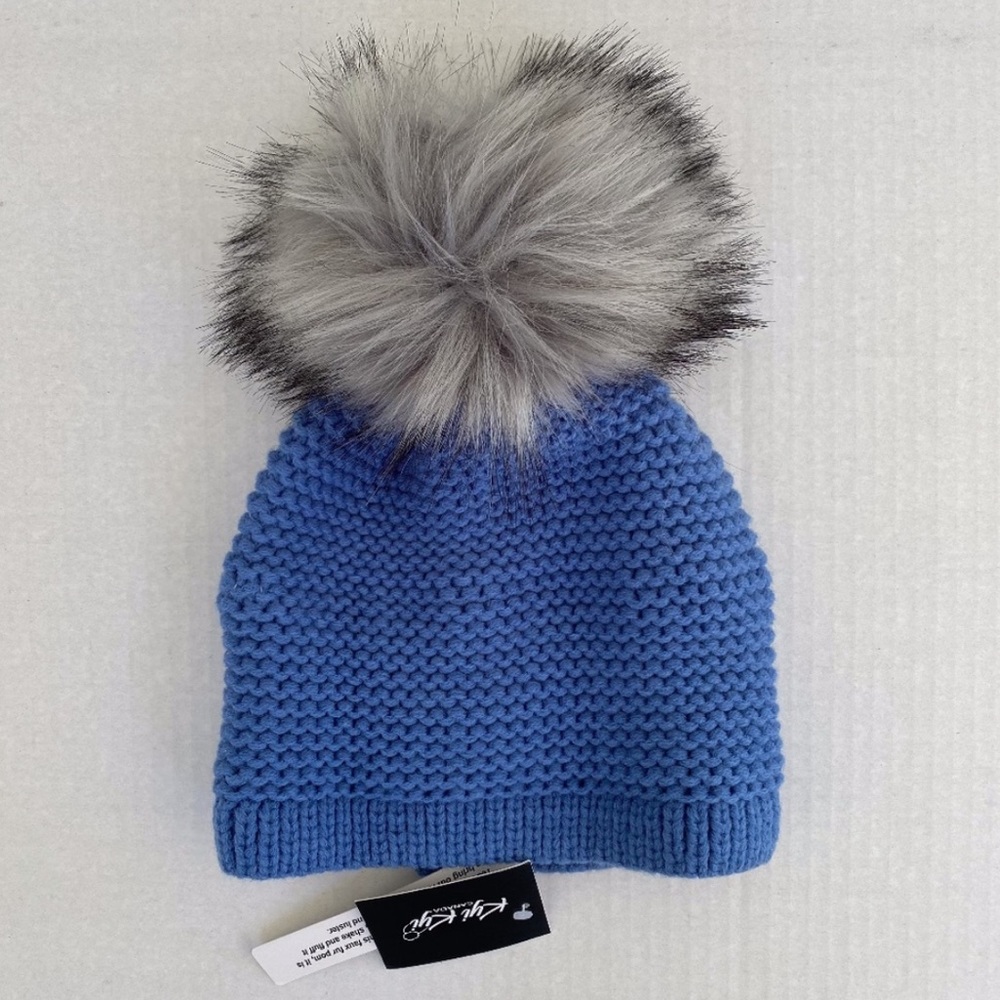 Kyi Kyi Wool Blend Beanie with Faux Fur Pom Harbour Blue/Grey